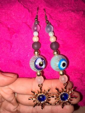 Sunburst Eye Bead Drop Earrings - Blue & Purple